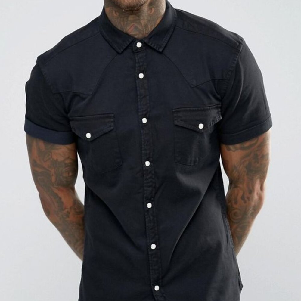 ASOS Mens LARGE Short Sleeve Slim Fit Western Black Denim Shirt